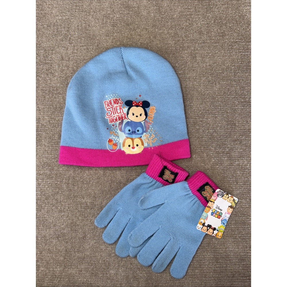NWT Disney Tsum Tsum Minnie Mouse & Stitch Girl Winter Beanie Ski Hat Gloves Set